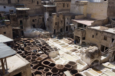 High angle view of tannery amidst houses in city on sunny day