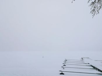 Birds flying over water against clear sky