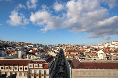 Aerial perspective view of central famous street rua augusta on lisbon city atmosphere, people
