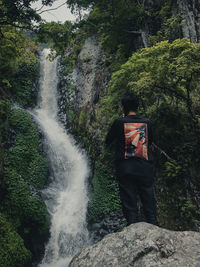 Rear view of man standing against waterfall