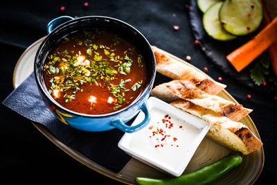 High angle view of soup served on table