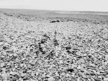 Surface level of stones on beach against sky