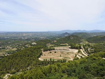 High angle view of trees on landscape against sky