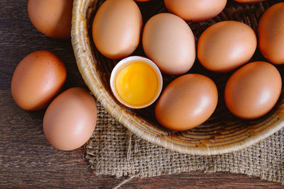 High angle view of eggs in basket on table