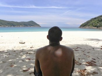 Rear view of shirtless man on beach against sky