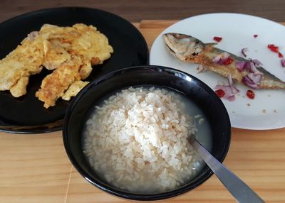 High angle view of breakfast on table