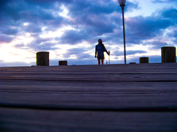 Rear view of woman walking on wood against sky