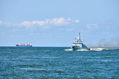 Large missile boat during naval exercises and parade, guided missile destroyer by russian navy