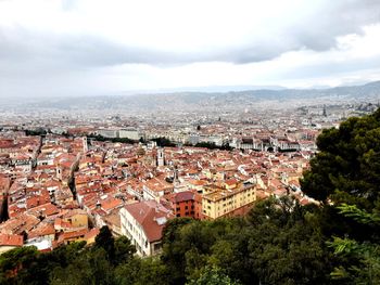 High angle shot of townscape against sky