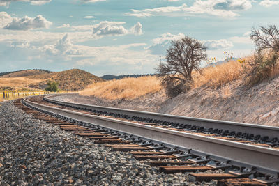 Railroad tracks by trees against sky