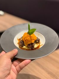 High angle view of person holding food in plate