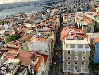 High angle view of houses in town