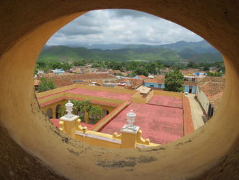 High angle view of buildings against sky