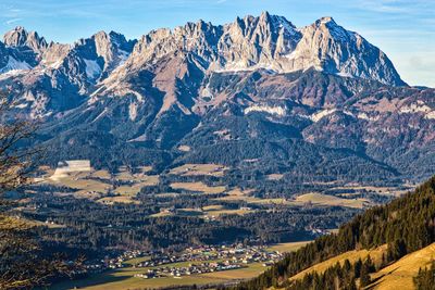 Aerial view of snowcapped mountains against sky