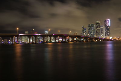 Illuminated bridge over river by buildings against sky at night