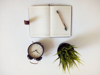 Directly above shot of open book with alarm clock and potted plant on white background