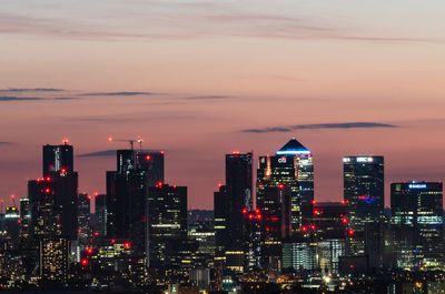 Canary wharf skyline after sunset, london