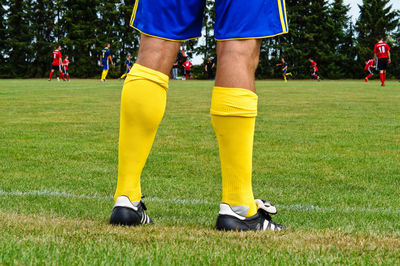 Low section of man standing on soccer field