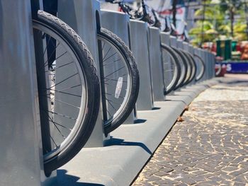 Bicycles parked on footpath in city