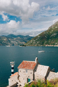 High angle view of sea and buildings against sky