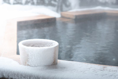 Beautiful japan hot spring cover by snow in winter takayama japan.