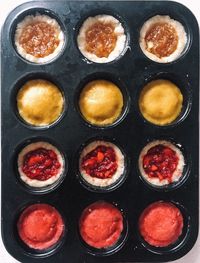 High angle view of various fruits on tray