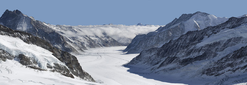 Scenic view of snow covered mountains against sky