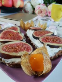 Close-up of breakfast served on table