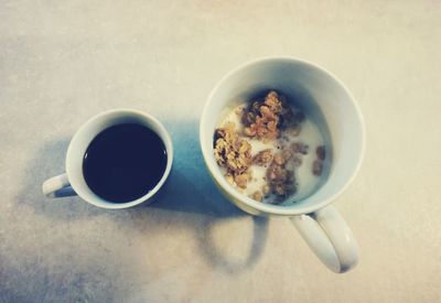 High angle view of breakfast on table