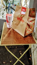 High angle view of coffee on table