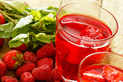 Close-up of strawberries in glass on table