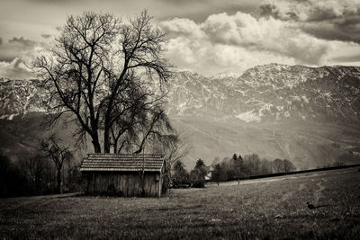 Scenic view of field and mountains against sky