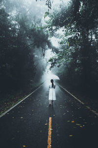 Rear view of woman walking on footpath amidst trees