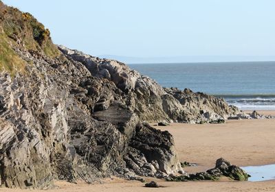Scenic view of rocks on beach against clear sky
