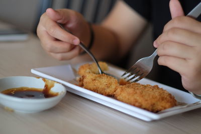 Close-up of person eating food in plate