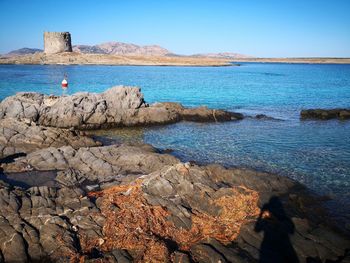 Scenic view of sea against clear blue sky