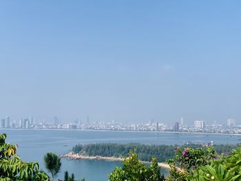 Panoramic view of city and buildings against clear sky