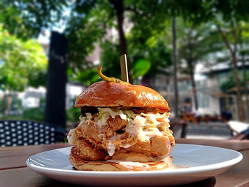 Close-up of burger in plate