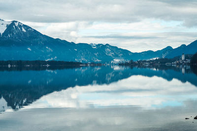 Scenic view of lake against cloudy sky
