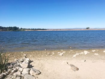 Scenic view of sea against clear blue sky