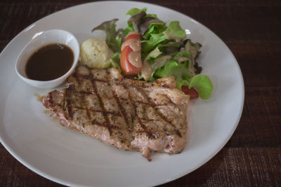 High angle view of food in plate on table