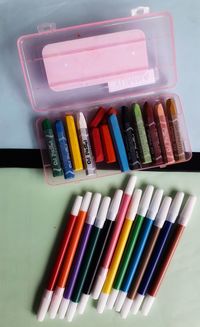 High angle view of multi colored pencils on table