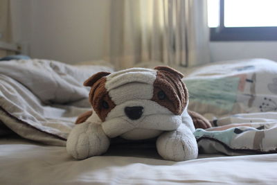 Stuffed toy on bed at home