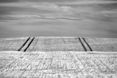 Close-up of wood on field against sky