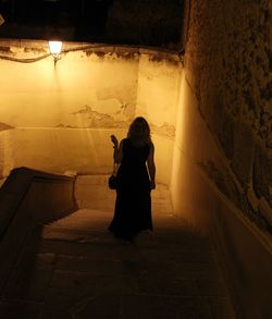 Rear view of woman moving down on steps at night