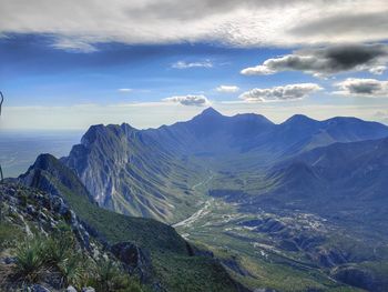 Scenic view of mountains against cloudy sky