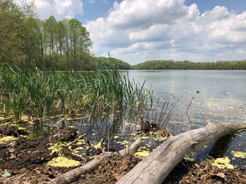 Scenic view of lake against cloudy sky