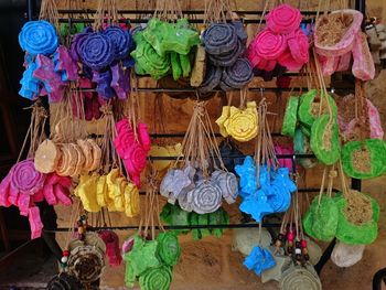 High angle view of multi colored umbrellas hanging