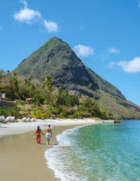 Rear view of man walking on beach against sky