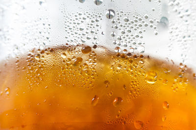 Close-up of waterdrops on glass against blurred background